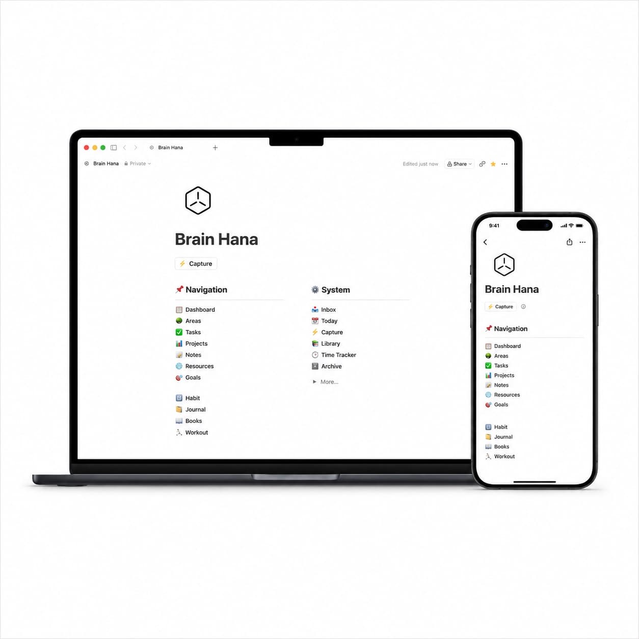 The Brain Hana dashboard in Notion, showing the Capture buttons and the Areas of life it routes to