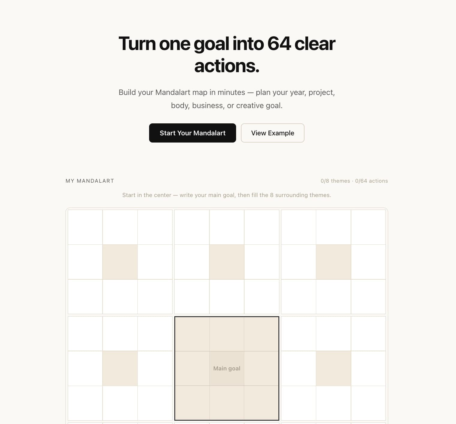 The Mandalart landing screen with an empty 9x9 grid, ready for a goal and its 8 themes